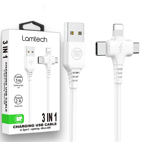 LAMTECH 3 IN 1 CHARGING USB CABLE TO TYPE-C/LIGHTNING/MICRO USB 1M WHITE