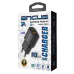 Φορτιστής Ταξιδίου Switching Ancus Supreme Series C70L Dual Fast Charge USB/USB-C Έξοδο QC3.0 PD 20W Μαύρο με LED