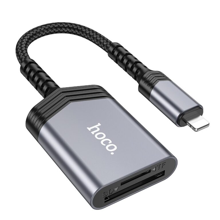 Αναγνώστης Κάρτας Μνήμης Hoco UA25 2 σε 1 Lightning 480Mbps και 2TB για Micro SD/SD OTG Κοντό και Anti-bending Καλώδιο Γκρι