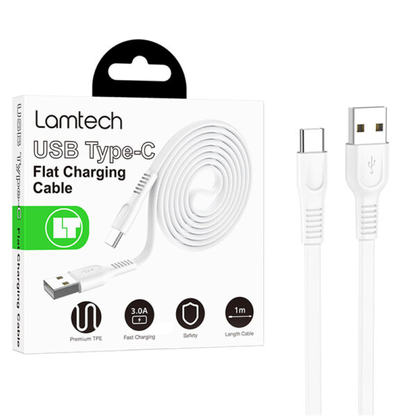 LAMTECH TYPE-C 3.0A FLAT CHARGING CABLE 1M WHITE