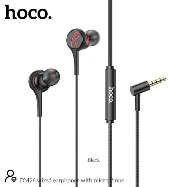 Hands Free Hoco DM26 Earphones Stereo 3.5mm Ανάγλυφο Καλώδιο με  Elbow Design Μαύρα