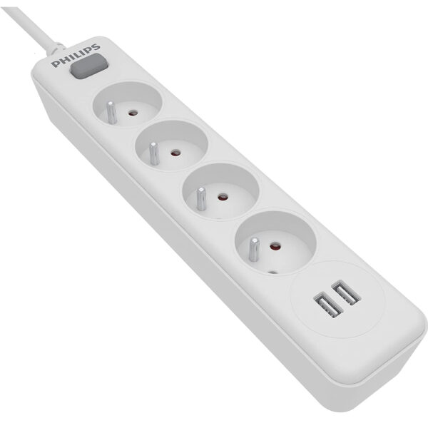 Πολύπριζο Philips SPN3042WA/19 με 4 Θύρες Εισαγωγής Σούκο Διακόπτη On/Off και 2 Θύρες USB Καλώδιο 2m Λευκό