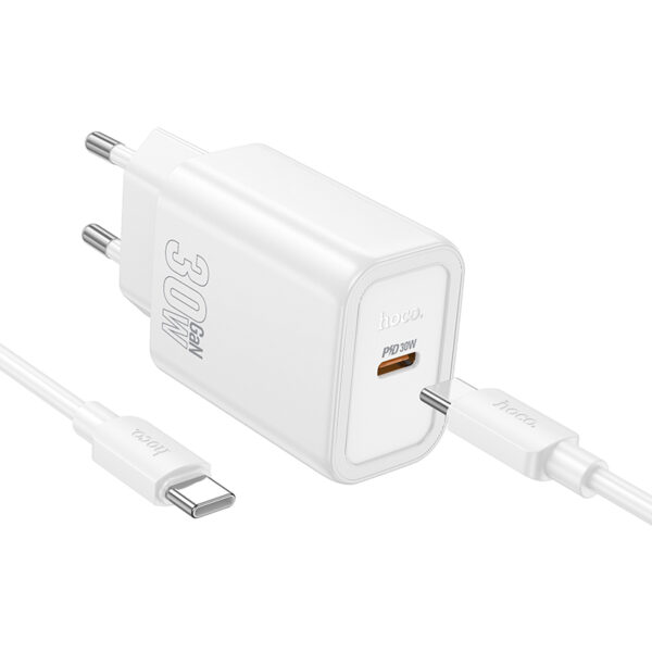 Φορτιστής Ταξιδίου Hoco N62 Gentle με 1 Εξόδο Φόρτισης GaN USB-C Quick Charge PD30W 5V 3.0A  Λευκός + Καλώδιο USB-C σε USB-C