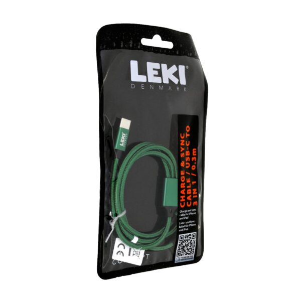 Καλώδιο Σύνδεσης και Φόρτισης Leki Black Concept USB-C σε Multiport USB-C/Lightning/MicroUsb Braided Πράσινο 0.3m