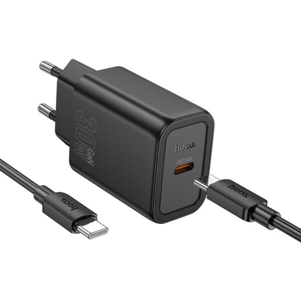 Φορτιστής Ταξιδίου Hoco N62 Gentle με 1 Εξόδο Φόρτισης USB-C Quick Charge GaN PD30W 5V 3.0A  Μαύρος + Καλώδιο USB-C σε USB-C