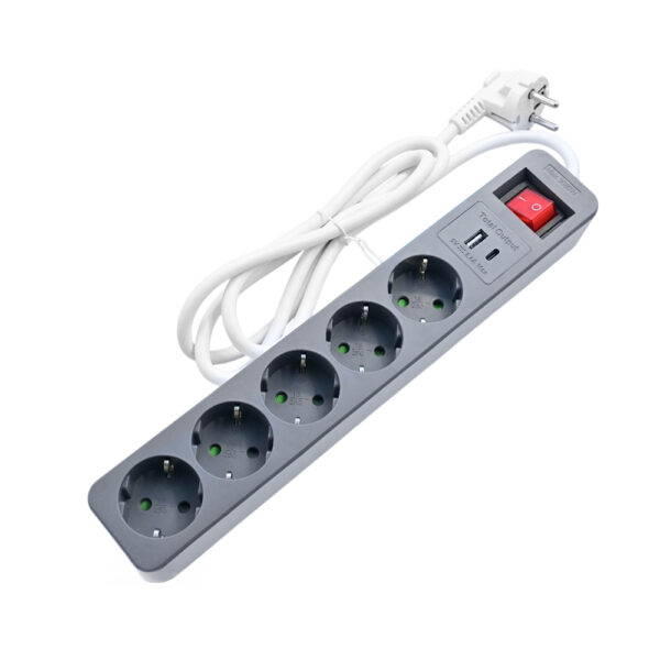 LAMTECH 5WAY SURGE PROTECTOR WITH 1xTYPE-C 1xUSB 5xSCHUKO BLACK/WHITE 1.5M