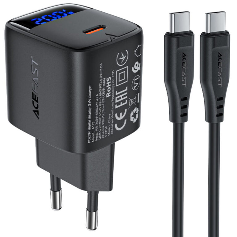 Φορτιστής Ταξιδίου Acefast A113 Fast Charging USB-C PD20W GaN με Digital Ένδειξη Φόρτισης + Καλώδιο USB-C σε USB-C Μαύρος