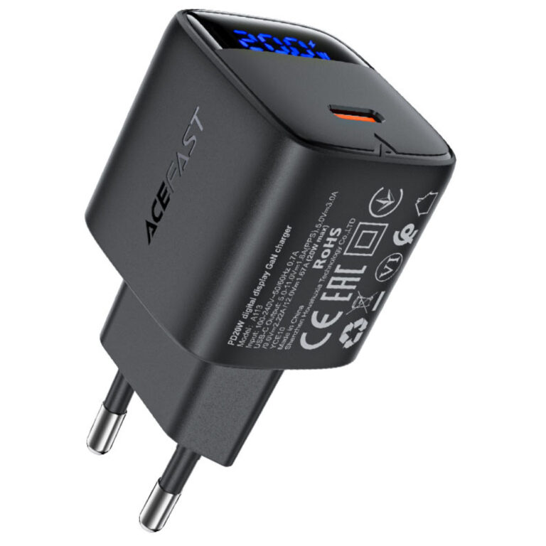 Φορτιστής Ταξιδίου Acefast A113 Fast Charging USB-C PD20W GaN με Digital Ένδειξη Φόρτισης Μαύρος