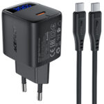 Φορτιστής Ταξιδίου Acefast A115 Fast Charging USB-C PD30W 3.0A GaN με LED Ένδειξη Φόρτισης + Καλώδιο USB-C σε USB-C Μαύρος
