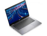 Open Dell laptop with a silver body and black keyboard, screen displaying blue neon light trails against a dark background.