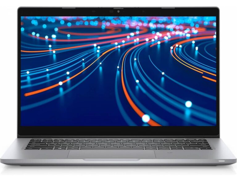 Silver laptop open, displaying a vibrant abstract screen of blue and orange light trails.