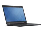Dell laptop opened at an angle, black chassis and blue screen, showing keyboard and hinge.