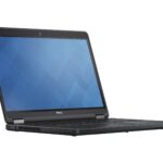 Dell laptop opened at an angle, black chassis and blue screen, showing keyboard and hinge.