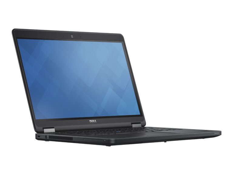 Dell laptop opened at an angle, black chassis and blue screen, showing keyboard and hinge.