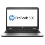 Open HP ProBook 650 laptop displaying HP logo on the screen, silver keyboard area visible.