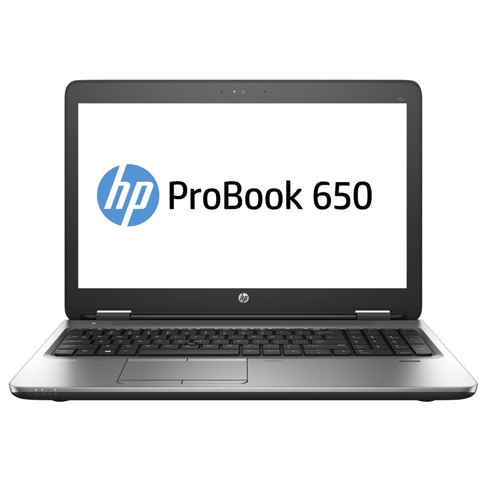 Open HP ProBook 650 laptop displaying HP logo on the screen, silver keyboard area visible.