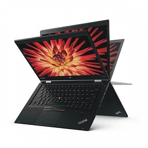 Black Lenovo ThinkPad convertible laptop opened in tent/stand mode with a fiery red-orange flower wallpaper on the screen.