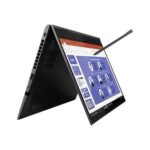 2-in-1 laptop in tent mode with a stylus, screen showing a dashboard infographic/split-screen content.