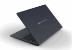 Dynabook laptop partially open on a dark black background, showing keyboard and side ports.