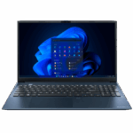 Open laptop showing Windows 11 desktop with a blue wallpaper and visible start menu.