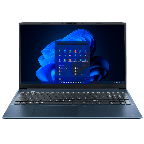 Open laptop showing Windows 11 desktop with a blue wallpaper and visible start menu.