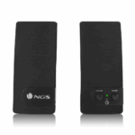 Pair of black stereo computer speakers; left speaker shows NGS logo, right speaker has volume knob, power switch, and headphone jack with a green indicator light