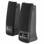 Pair of black desktop speakers with fabric grills; front panel shows volume knob, power switch, and LED indicator.