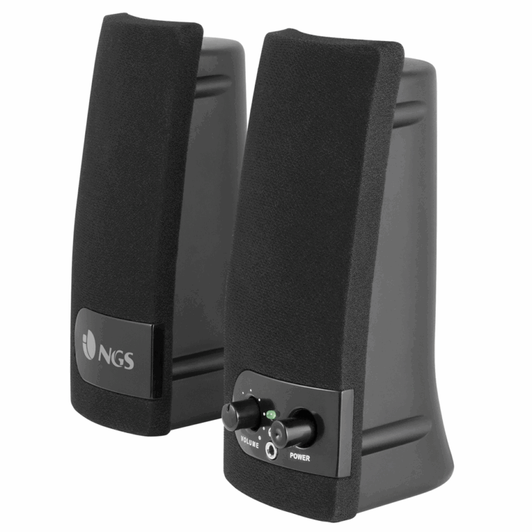 Pair of black desktop speakers with fabric grills; front panel shows volume knob, power switch, and LED indicator.