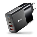 Black wall charger with three USB-A ports and two USB-C ports; branded NGS, designed for multi-device charging (EU plug)