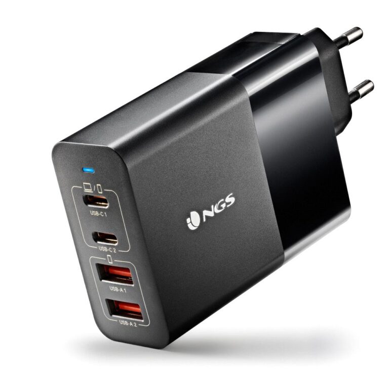 Black wall charger with three USB-A ports and two USB-C ports; branded NGS, designed for multi-device charging (EU plug)