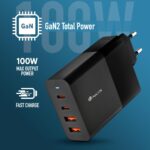 GaN USB charger with four ports, labeled 100W max output and Fast Charge.