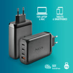 Multi-port USB-C wall charger with two-prong plug and several USB ports for laptops, tablets, and smartphones.