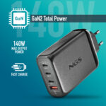 GaN charger with multiple USB-C ports shown on a teal background, highlighting 140W max output power.
