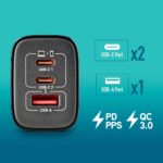Compact USB hub with two USB-C ports and one USB-A port, set against a teal gradient, highlighting PD PPS and QC 3.0 features.