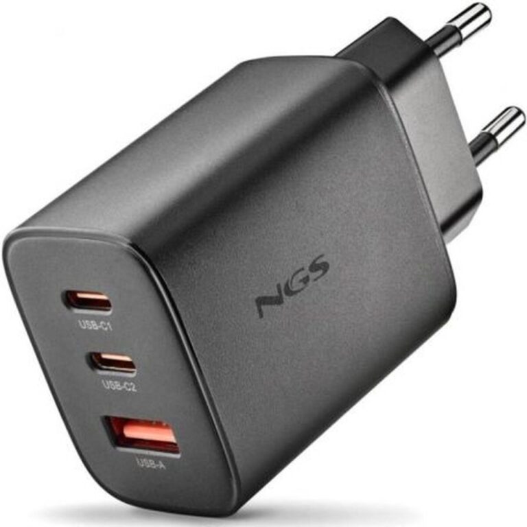 Black USB wall charger with two USB-C ports and one USB-A port, European plug, brand NGS.