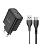 Φορτιστής Ταξιδίου Hoco DC72 River USB-A 5V 2.1A με Καλώδιο USB-A σε  USB-C 1m Μαύρος