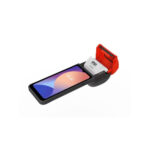 Portable payment device: smartphone docked with a small built‑in receipt printer (red) for on‑the‑go transactions today’s receipt ready to print.