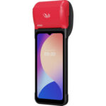Handheld payment terminal with red top and black case for contactless card payments, screen showing 09:30.