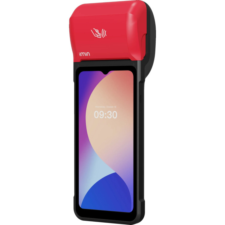 Handheld payment terminal with red top and black case for contactless card payments, screen showing 09:30.