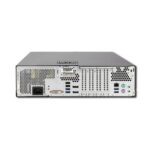 Rear view of a gray server chassis showing multiple I/O ports (USB, Ethernet, audio) and expansion slots on the back