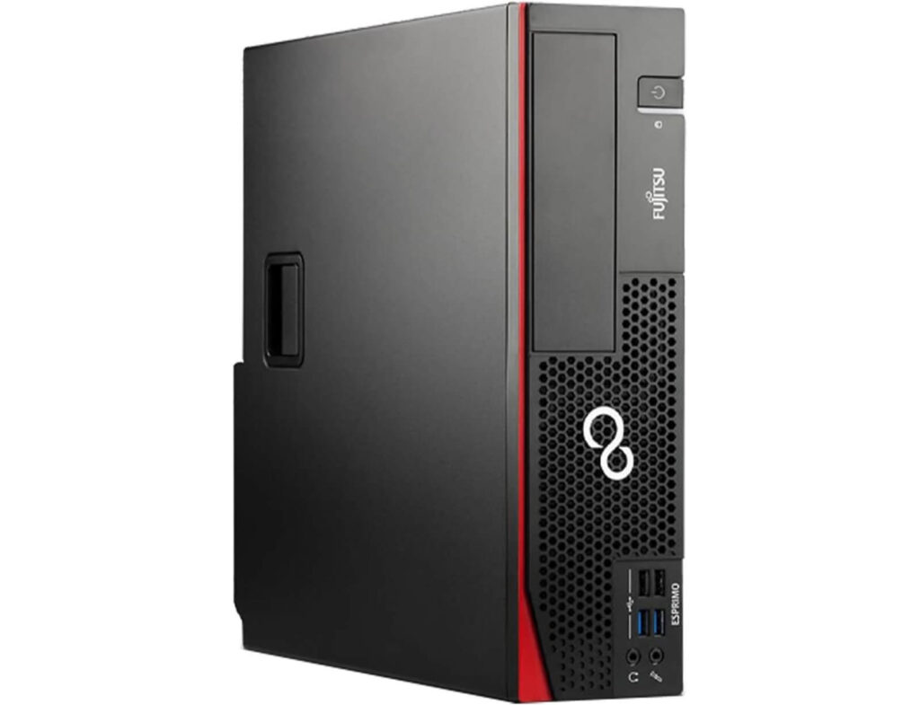 Slim black desktop tower with a red vertical accent, front panel shows power button, USB 3.0 ports, audio jacks, and a perforated vent area.