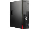 Slim black desktop tower with a red vertical accent, front panel shows power button, USB 3.0 ports, audio jacks, and a perforated vent area.