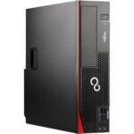 Slim black desktop tower with a red vertical accent, front panel shows power button, USB 3.0 ports, audio jacks, and a perforated vent area.