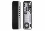 Front and rear views of a black small‑form-factor desktop computer; the front has a diagonal vent grille and USB ports, the back shows I/O ports, expansion slots, and a power supply.
