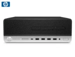 Front view of an HP ProDesk mini desktop with multiple USB ports, audio jack, and power button on a silver fascia; HP logo on left and a black vented top.