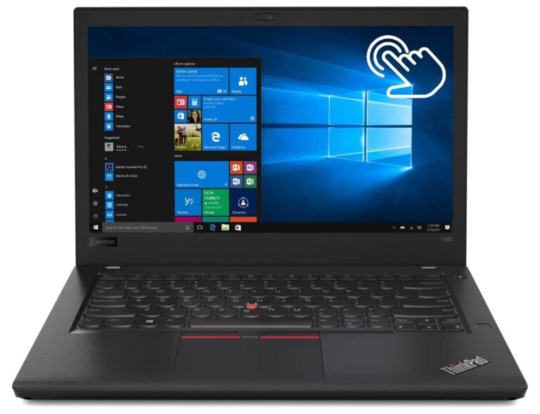 Lenovo ThinkPad laptop open with Windows 10 desktop and a large touch gesture icon on the screen.
