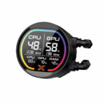 Circular PC hardware monitor showing temperatures, clock speeds, and usage (CPU 48°C, GPU 58°C, CPU 2.08 GHz, GPU 1.98 GHz, CPU 100%, GPU 70%, RAM 40%).