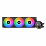 Triple RGB-fan GPU liquid cooling block with a round LCD display on the right.
