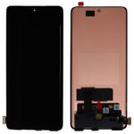 Front and back views of a smartphone display assembly: left is a black front panel, right is the back with connectors and flex cables.