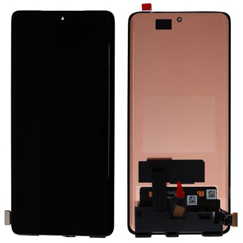 Front and back views of a smartphone display assembly: left is a black front panel, right is the back with connectors and flex cables.